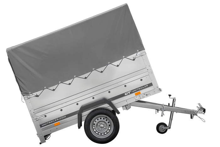 Leichter Anhänger 200x106 UNITRAILER GARDEN 200 KIPP mit BIS-Seitenwänden, H-800-Rahmen und grauer Plane