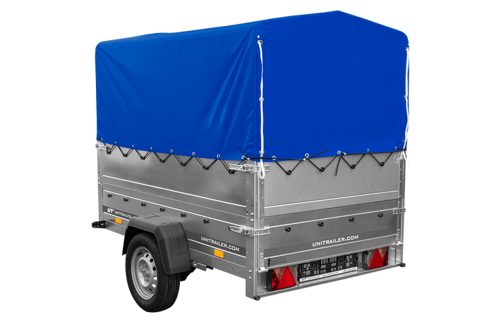 Leichtanhänger auf Blattfedern 200x125 UNITRAILER GARDEN 201/R KIPP mit BIS-Seiten, H-800-Rahmen und blauer Plane