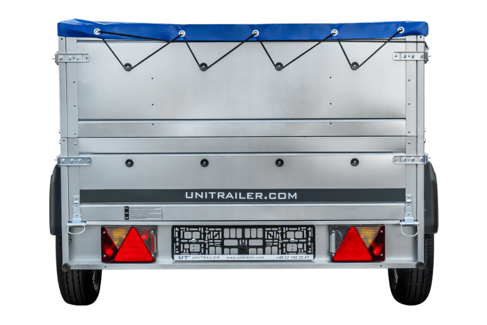 PKW-Anhänger auf Federn 230x125 UNITRAILER GARDEN 230/R KIPP mit BIS-Bordwänden, H-0-Rahmen und blauer Plane