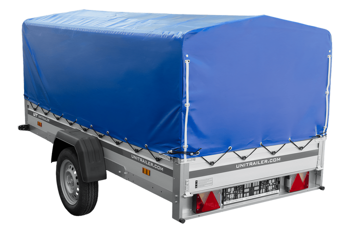 Einachsanhänger mit Aluminiumseitenwänden 264x125 Unitrailer Garden 264 KIPP ALU mit H-800 Rahmen und blauer Plane