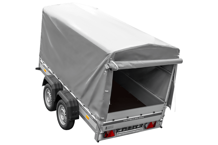 Zweiachsiger Anhänger mit Aluminiumseitenwänden 264x125 Unitrailer Garden 264/2 KIPP ALU mit Rahmen H-1100 und grauer Plane