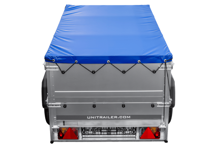 Gartenanhänger 200 Kipp mit Stützrad, zwei Seitenwänden, H-0-Rahmen und blauer Plane