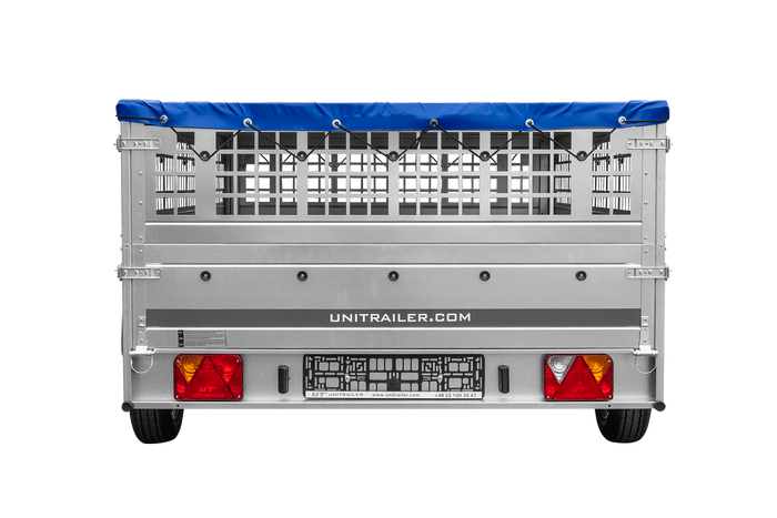 Anhänger 264x150 UNITRAILER GARDEN 265 KIPP mit Gitteraufsatz, Flachplanenträgern und blauer Plane