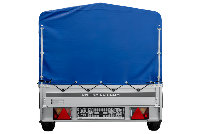 Einachsanhänger mit Aluminiumseitenwänden 264x125 Unitrailer Garden 264 KIPP ALU mit H-800 Rahmen und blauer Plane