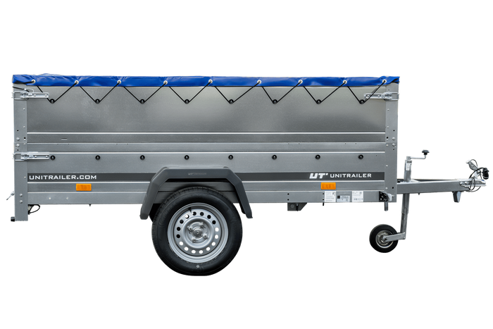 Anhänger mit faltbarer Deichsel GARDEN TRAILER 230 KIPP mit zusätzlichen Bordwänden, Stützrad und blauer Flachplane