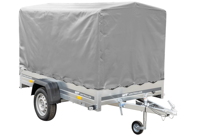 PKW-Anhänger auf Federn 230x125 UNITRAILER GARDEN 230/R KIPP mit H-1100-Rahmen und grauer Plane