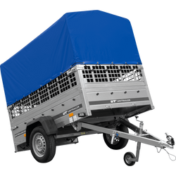Autoanhänger 200x125 UNITRAILER GARDEN 201 KIPP mit Netzseitenwänden, H-800 Rahmen und grauer Plane