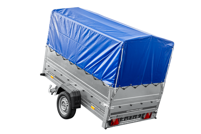 PKW-Anhänger 230x125 UNITRAILER GARDEN 230 KIPP mit Zusätzbordwänden und blauer Hochplane