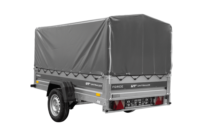 Anhänger mit Blattfedern 230x125 UNITRAILER FORCE 230/R KIPP ungebremst mit H-800 Spriegel und grauer Hochplane