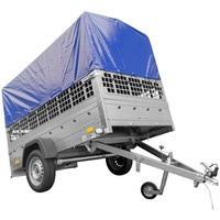 Planenanhänger 230x125 Garden Trailer 230 KIPP mit Laubgitteraufsatz, blauer Hochplane, Hochspriegel und Stützrad