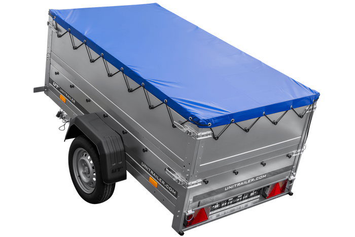 Gartenanhänger 200 Kipp mit Stützrad, zwei Seitenwänden, H-0-Rahmen und blauer Plane