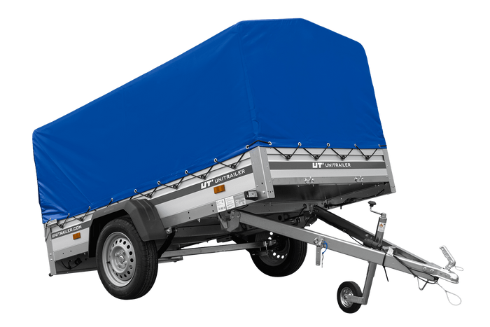 Einachsiger Anhänger auf Blattfedern mit Aluminiumseitenwänden 230x125 Unitrailer Garden 230/R KIPP ALU mit H-800 Rahmen und blauer Plane