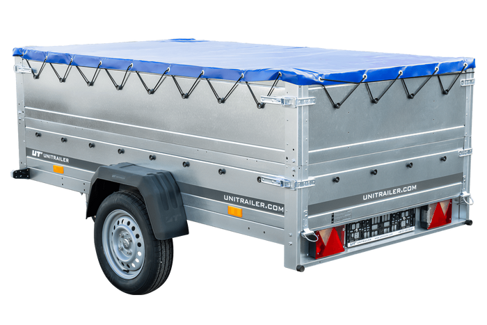 Anhänger mit faltbarer Deichsel GARDEN TRAILER 230 KIPP mit zusätzlichen Bordwänden, Stützrad und blauer Flachplane