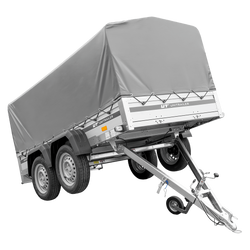 Zweiachsiger Anhänger mit Aluminiumseitenwänden 264x125 Unitrailer Garden 264/2 KIPP ALU mit H-800 Rahmen und grauer Plane