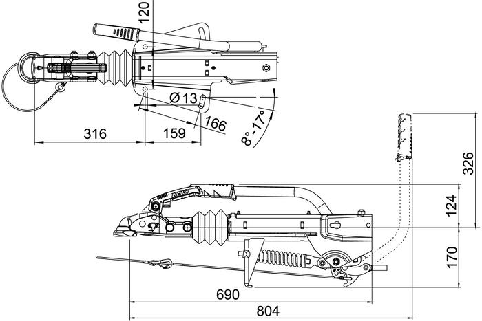 Auflaufeinrichtung AL-KO 161S mit AK161 Kugelkupplung für einen 1600 kg Anhänger mit V-Deichsel
