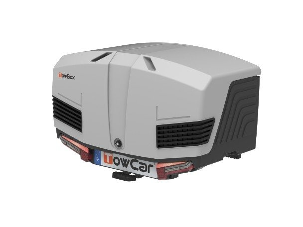 Towbox V3 Grey LED Edition – an der Anhängerkupplung montierte Gepäckträgerbox