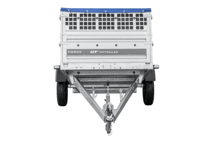 Einachsanhänger 230x125 UNITRAILER FORCE 230 KIPP mit Gitterseitenwänden, H-0-Rahmen und blauer Plane