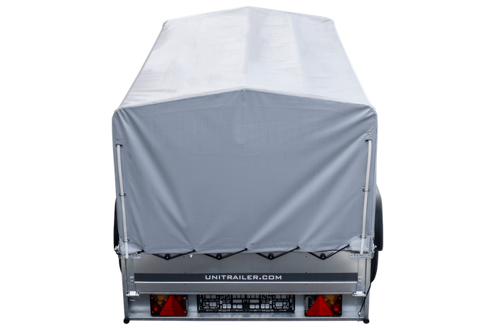 PKW-Anhänger 230x125 UNITRAILER GARDEN 230 KIPP mit Spriegel 80 cm und grauer Hochplane