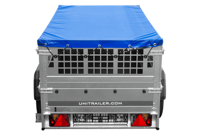 Leichter Anhänger 200x106 UNITRAILER GARDEN 200 KIPP mit Gitterwänden, H-0-Rahmen und blauer Plane