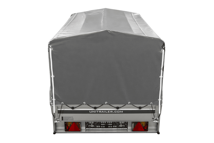 Einachsanhänger mit ALU-Bordwänden 230x125 Unitrailer Garden 230 KIPP ALU mit H-800 Rahmen und grauer Plane