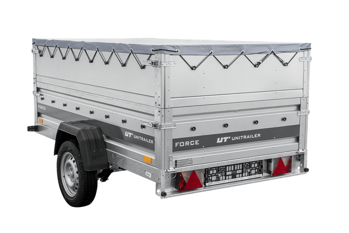 Autotransportanhänger auf Federn 230x125 UNITRAILER FORCE 230/R KIPP mit BIS-Seitenwänden, H-0-Rahmen und grauer Plane