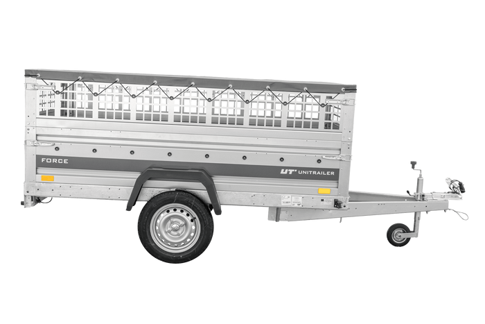 Einachsanhänger 230x125 UNITRAILER FORCE 230 KIPP mit Gitterwänden, H-0-Rahmen und grauer Plane