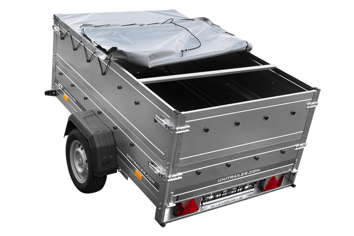 Leichtanhänger auf Federn 200x125 UNITRAILER GARDEN 201/R KIPP mit BIS-Seiten, H-0-Rahmen und grauer Plane
