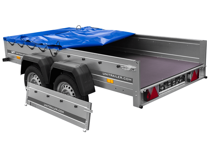 GARDEN TRAILER 264/2 KIPP MIT STÜTZRAD, PLANENTRÄGER UND BLAUER FLACHPLANE