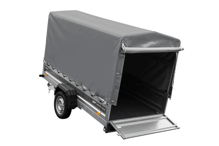 Einachsiger Federanhänger 264x125 UNITRAILER FORCE 264/R KIPP mit H-1100 Rahmen und grauer Plane