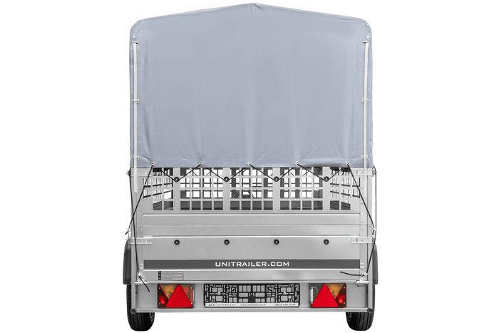 1-Achs-Anhänger GARDEN TRAILER 264 KIPP mit Laubgitteraufsatz, grauer Hochplane, Hochspriegel und Stützrad