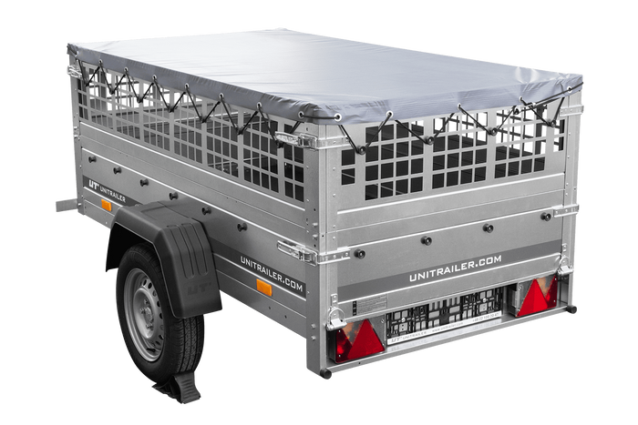 Einachsanhänger 200x106 UNITRAILER GARDEN 200 KIPP mit Seitenwänden aus Netzgewebe und grauer Plane