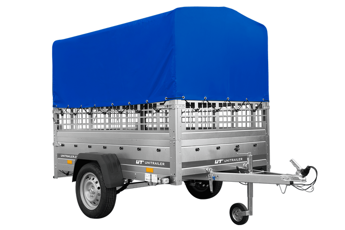 Einachsanhänger auf Federn 200x125 UNITRAILER GARDEN 201/R KIPP mit Gitterwänden, H-800-Rahmen und blauer Plane