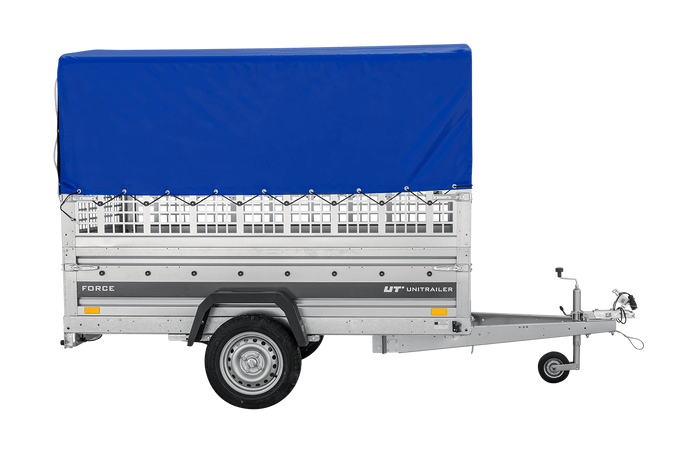 Autotransportanhänger auf Federn 230x125 UNITRAILER FORCE 230/R KIPP mit Gitterwänden, H-800 Rahmen und blauer Plane