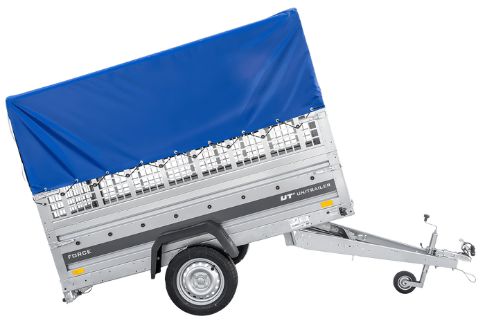 Einachsanhänger 230x125 UNITRAILER FORCE 230 KIPP mit Gitterseitenwänden, H-0-Rahmen und blauer Plane