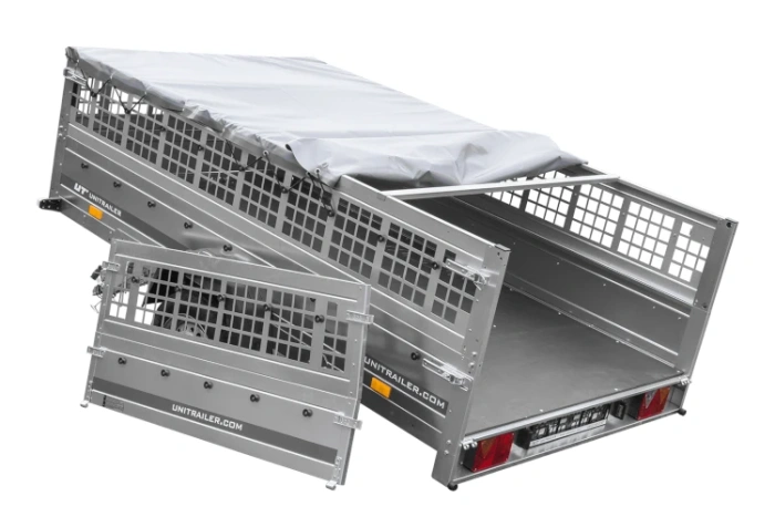 Leichter Anhänger auf Blattfedern 264x150 UNITRAILER GARDEN 265/R KIPP mit Gitterwänden, H-0 Rahmen und grauer Plane