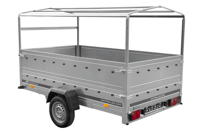 Einachsanhänger 264x150 UNITRAILER GARDEN 265 KIPP mit zusätzlichen Bordwänden, H-800-Rahmen und grauer Plane