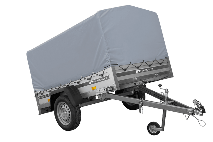 Einachsanhänger mit Aluminiumseitenwänden 200x125 Unitrailer Garden 201 KIPP ALU mit H-800 Rahmen und grauer Plane
