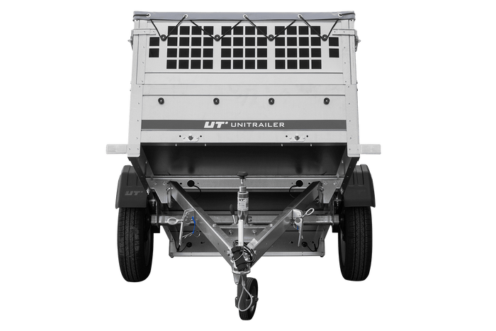 Einachsanhänger 200x106 UNITRAILER GARDEN 200 KIPP mit Seitenwänden aus Netzgewebe und grauer Plane