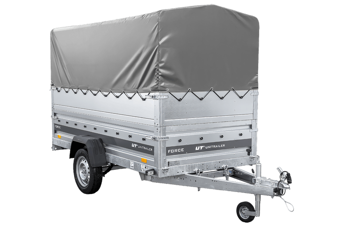 Leichter Anhänger auf Blattfedern 264x125 UNITRAILER FORCE 264/R KIPP mit BIS-Seitenwänden, H-800-Rahmen und grauer Plane