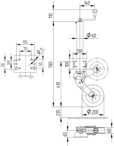 KNOTT ATK60 automatisches Stützrad mit Griff 250 kg 60 mm 785–1020 mm
