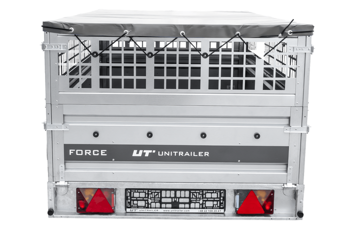 Einachsiger Anhänger auf Blattfedern 264x125 UNITRAILER FORCE 264/R KIPP mit Gitterseitenwänden, H-0-Rahmen und grauer Plane