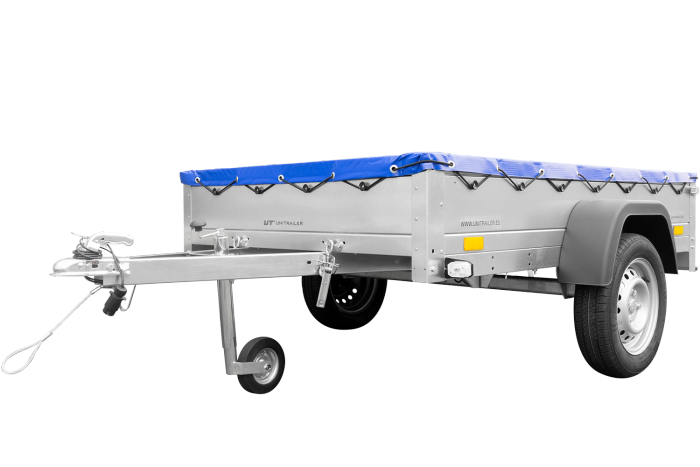 PKW Anhänger auf Federn 200x125 UNITRAILER GARDEN 201/R KIPP mit H-0 Rahmen und blauer Plane