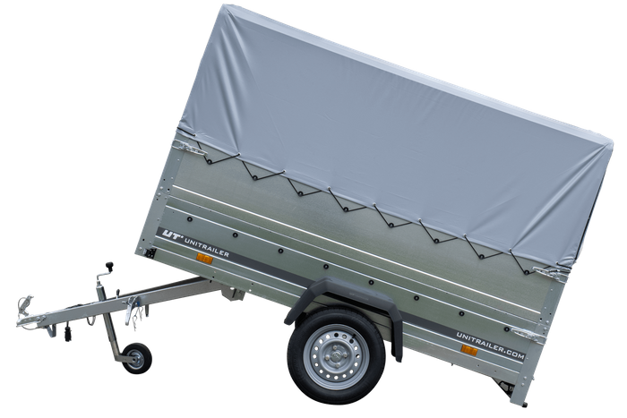 PKW-Anhänger 230x125 UNITRAILER GARDEN 230 KIPP mit Zusatzbordwändenund grauer Hochplane 80 cm