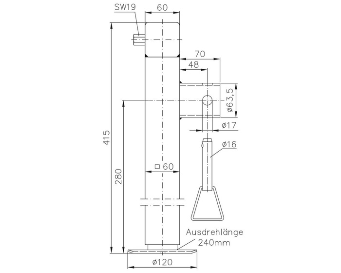 WINTERHOFF SF60-19-280 ausziehbare Kurbelstütze für 1300 kg Pritschenanhänger 415-655 mm