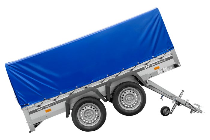 Zweiachsiger Anhänger mit Aluminiumseitenwänden 264x125 Unitrailer Garden 264/2 KIPP ALU mit H-800 Rahmen und blauer Plane