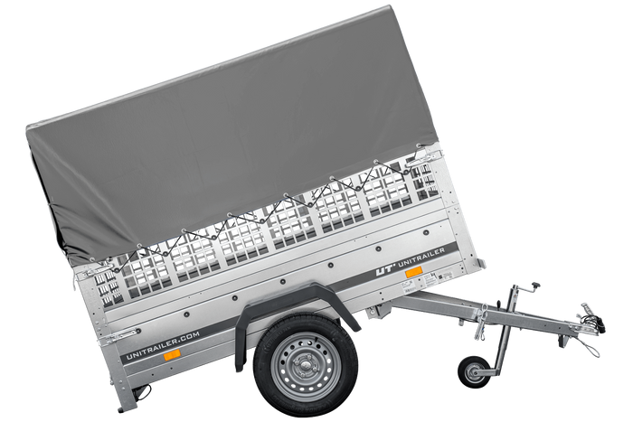 Autotransportanhänger 200x106 UNITRAILER GARDEN 200 KIPP mit Gitterwänden, H-800 Rahmen und grauer Plane