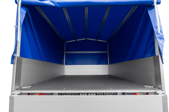 Autotransportanhänger auf Federn mit Aluminiumseitenwänden 200x125 Unitrailer Garden 201/R KIPP ALU mit H-800 Rahmen und blauer Plane
