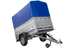 Autotransportanhänger 200x106 UNITRAILER GARDEN 200 KIPP mit BIS-Seitenwänden, H-800-Rahmen und blauer Plane
