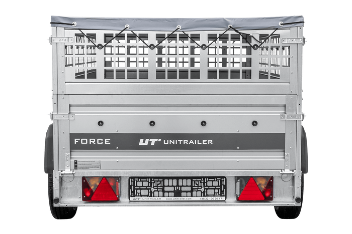 Leichter Anhänger auf Federn 230x125 UNITRAILER FORCE 230/R KIPP mit Gitterwänden, H-0-Rahmen und grauer Plane