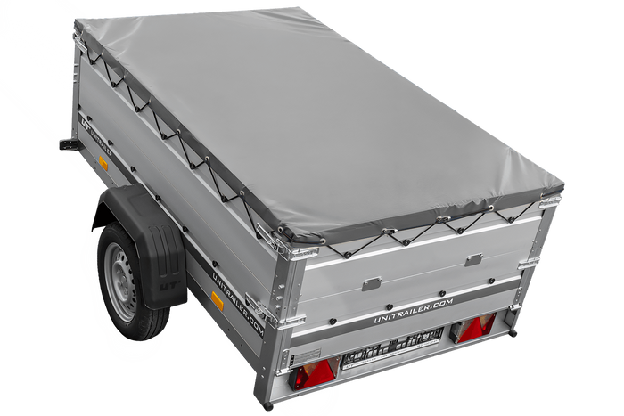 Autotransportanhänger mit Aluminiumwänden 200x125 Unitrailer Garden 201 KIPP ALU mit BIS-Seitenwänden, H-0-Rahmen und grauer Plane